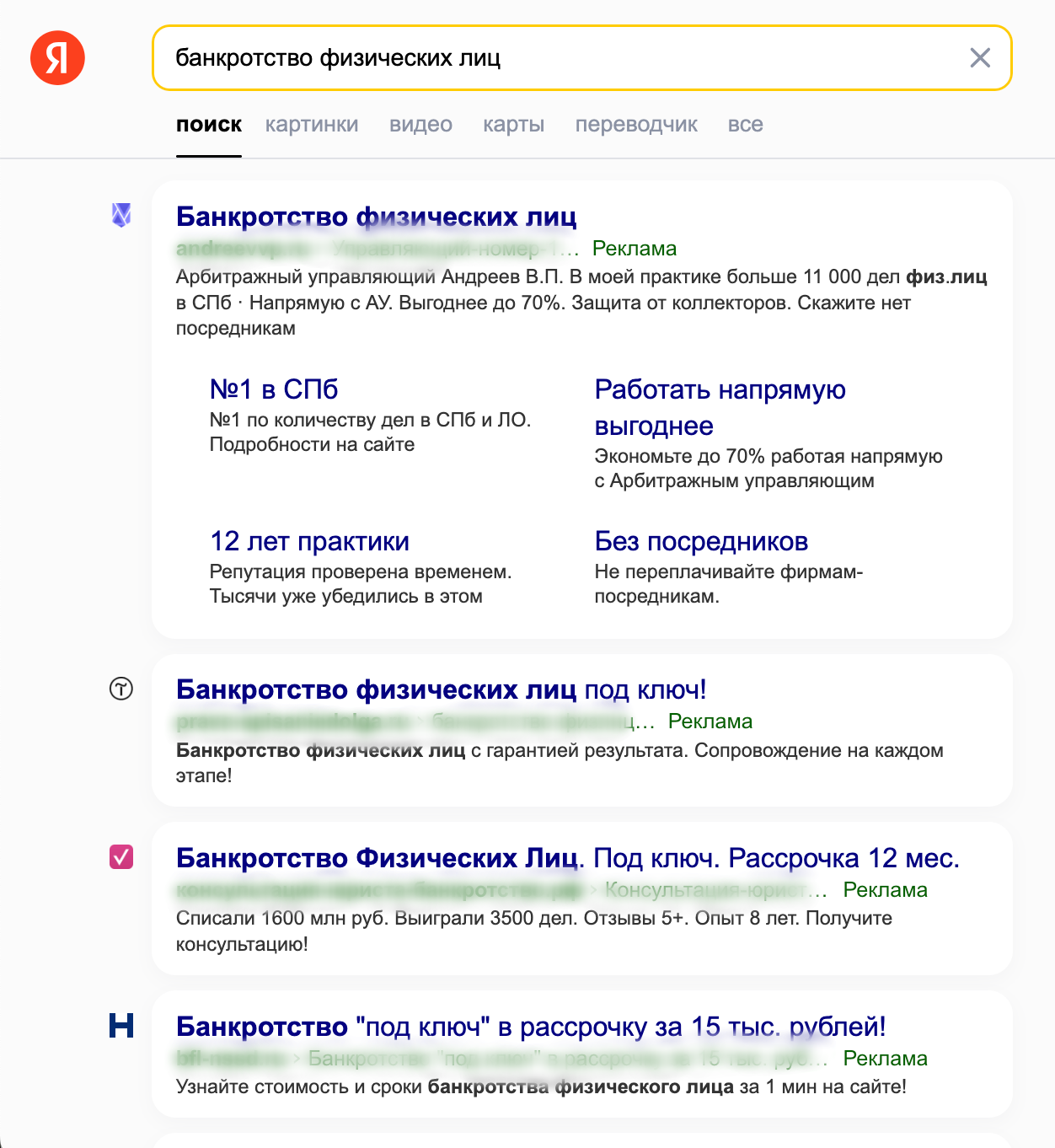 Пример поисковой выдачи по запросу банкротство физических лиц